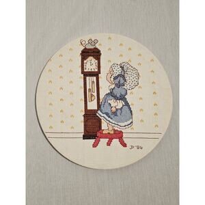 Vintage Finished Cross Stitch Round Girl Mouse On Grandfather Clock 1986 - 12"